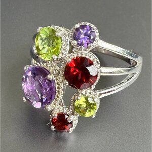 Sterling Silver Multi Stone Crystal Ring Cluster Ring  10